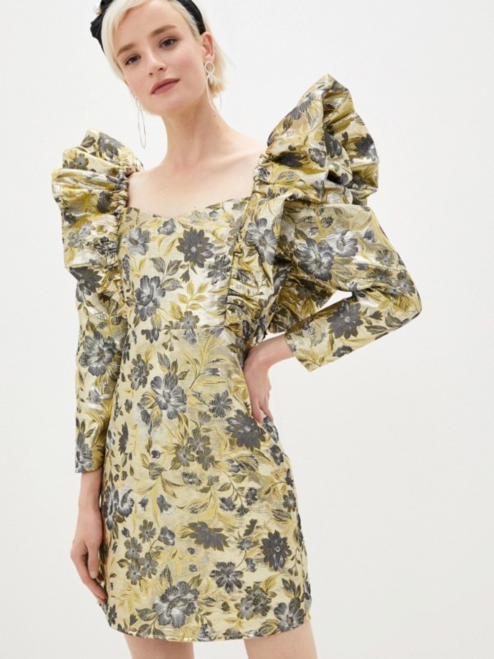 Sister Jane Sz 4 Metallic Gold Jacquard Puff Dramatic Sleeves Mini Party Dress